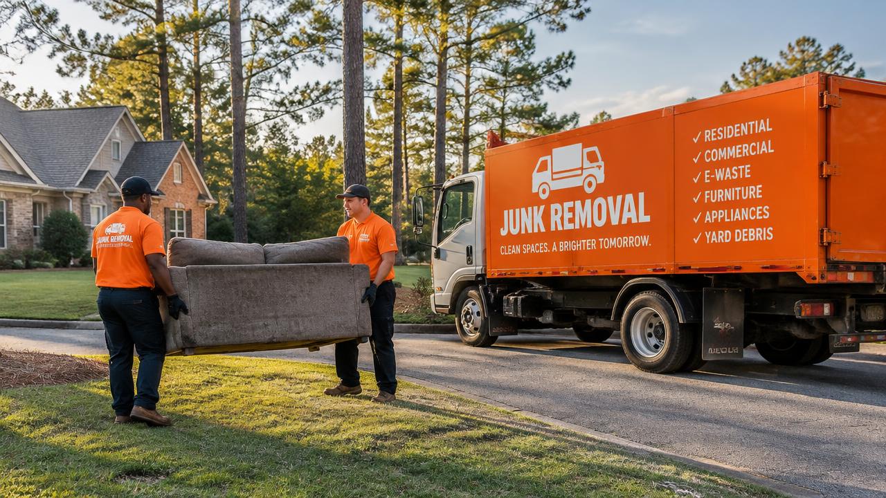 C&B Junk Removal truck picking up an old sofa in a Columbus GA neighborhood
